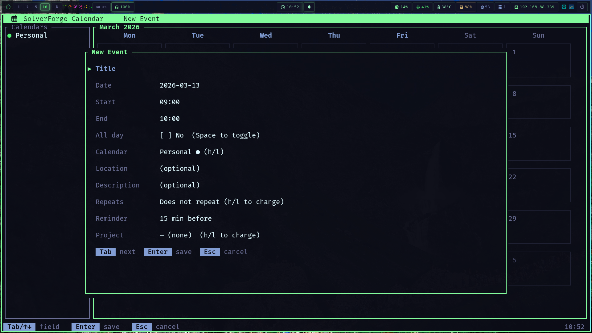 SolverForge Calendar month view in the Ratatui terminal interface